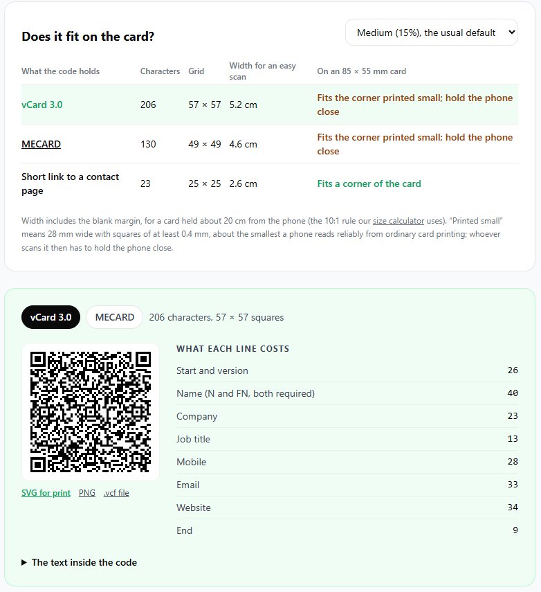 Contact QR tool on b59.link showing whether the vCard, MECARD and short link versions fit on a business card, with the finished code
