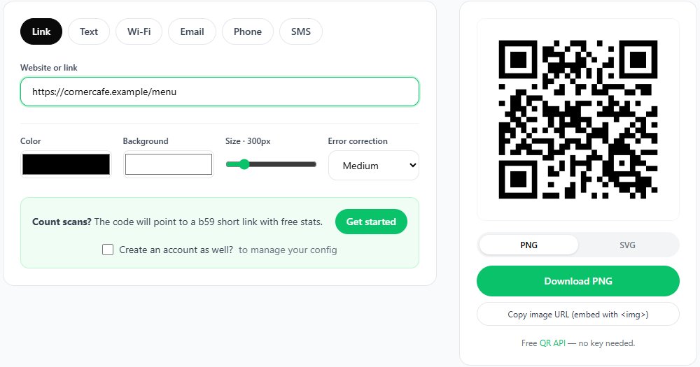 b59.link QR maker with a café menu link typed in, colour and size settings, and the finished code with a Download PNG button