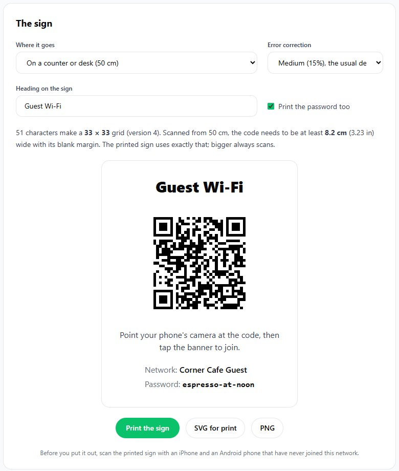 Guest Wi-Fi sign on b59.link for Corner Cafe Guest, with the QR code, the network name and password, and Print the sign button