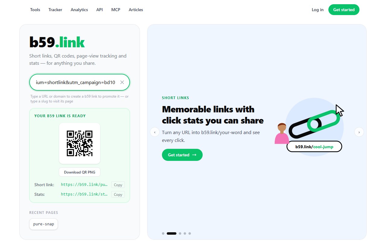 The b59.link home page after pasting an address: a card saying your b59 link is ready, with a QR code, a Download QR PNG button, the short link and its stats link