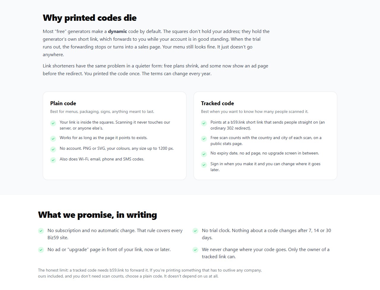 The b59.link QR page: plain codes that hold your own address and tracked codes that are 302 redirects, and four written promises: no subscription or automatic charge, no trial clock, no ad or upgrade page in front of your link, and only the owner can change where a tracked link goes