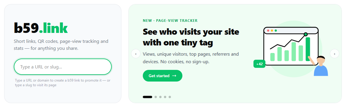 The b59.link home page: type a URL to create a short link, or a slug to open its page