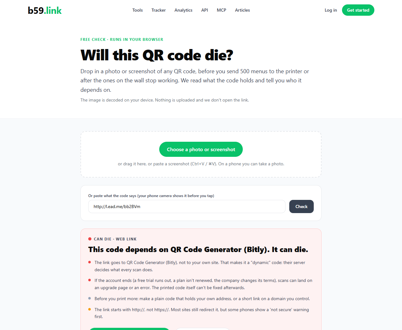 The b59.link QR checker with the text of a decoded sample code, http://l.ead.me/bb2BVm, and the verdict: can die, this code depends on QR Code Generator (Bitly)
