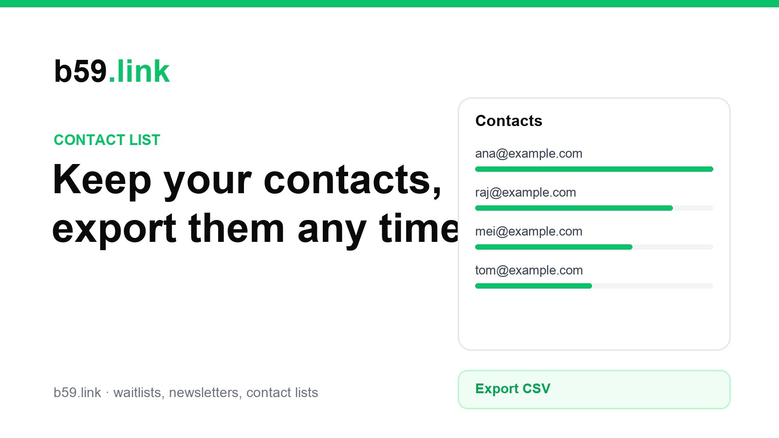 b59.link contact list: add contacts by hand, see them in a table and export a CSV