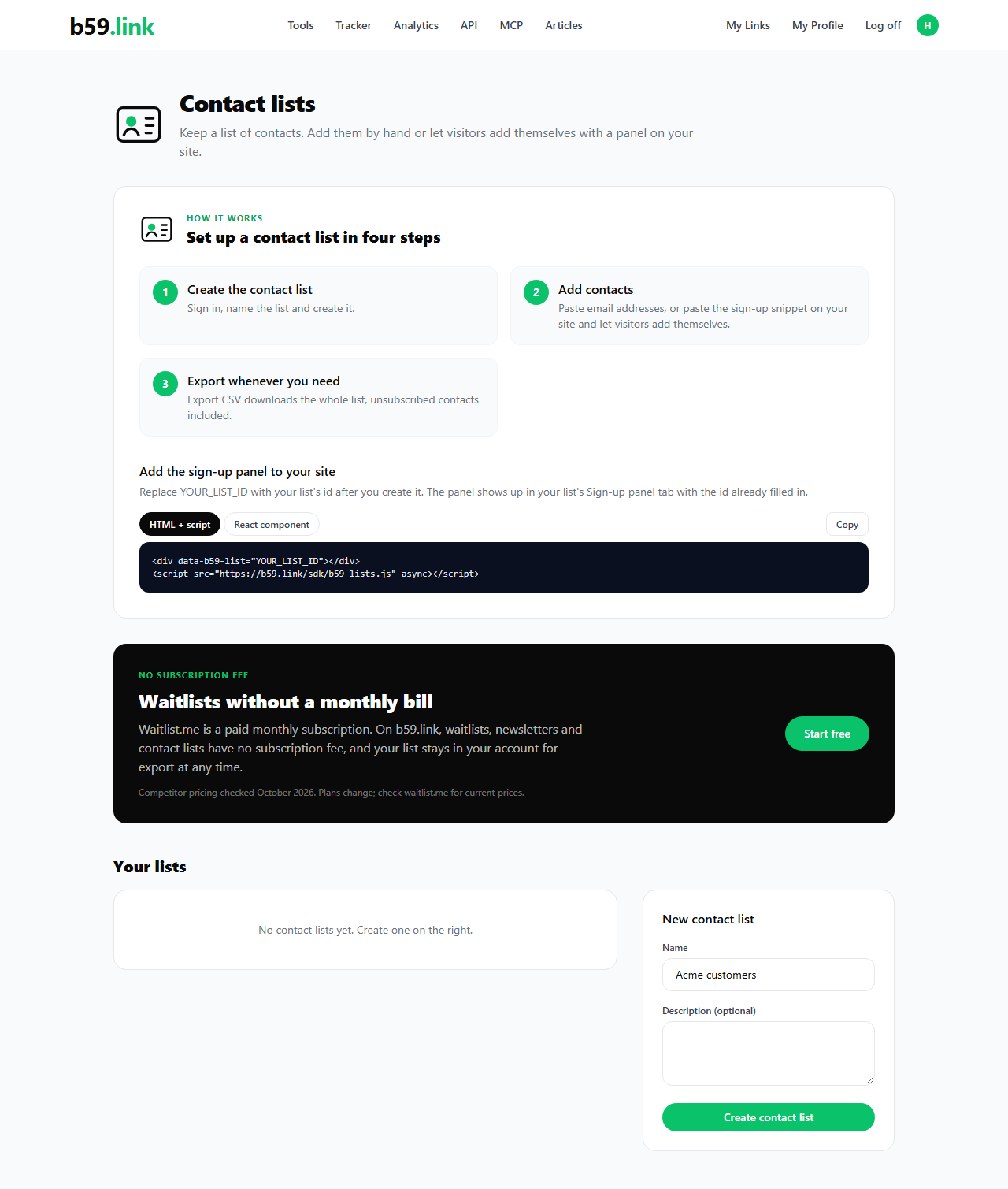 b59.link contact lists page with the create form and the list of contact lists