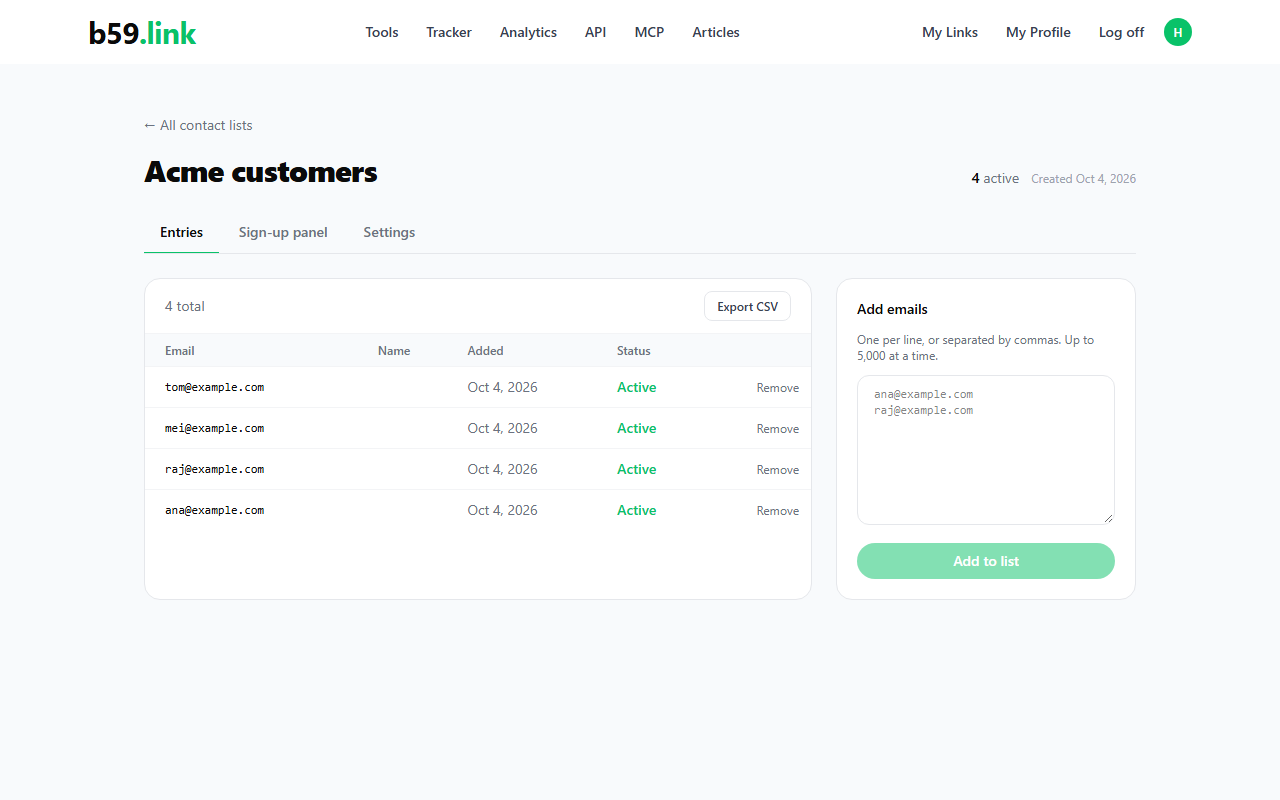 Contact list Entries tab with a table of emails, status and dates, and the Add emails box