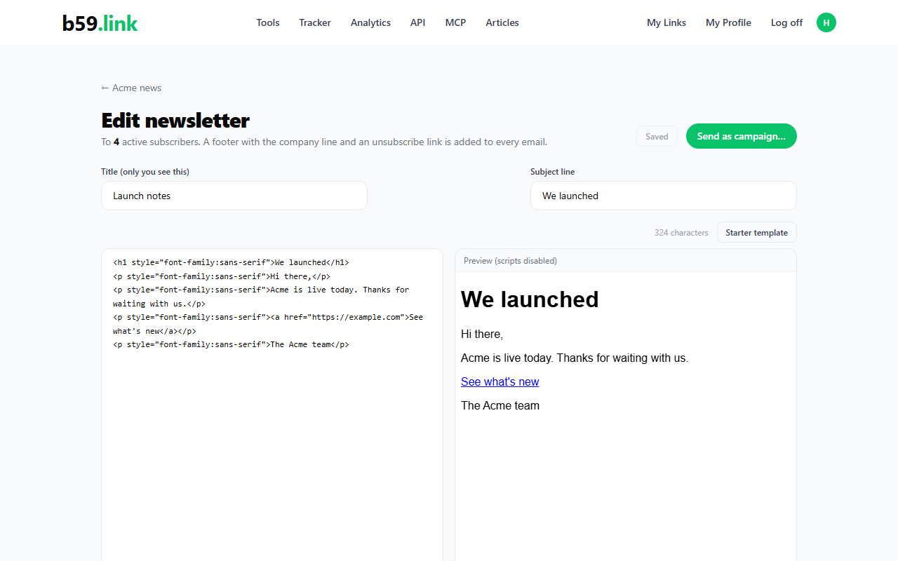 Newsletter editor on b59.link with title, subject, HTML source on the left and a rendered preview on the right
