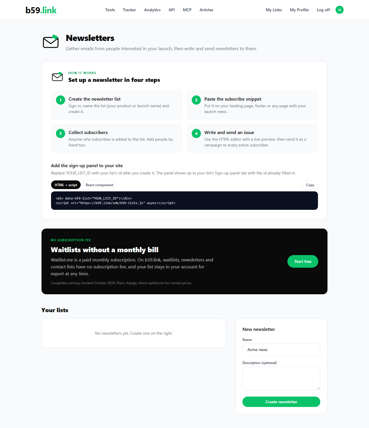 b59.link newsletter page with the create form and the list of newsletters