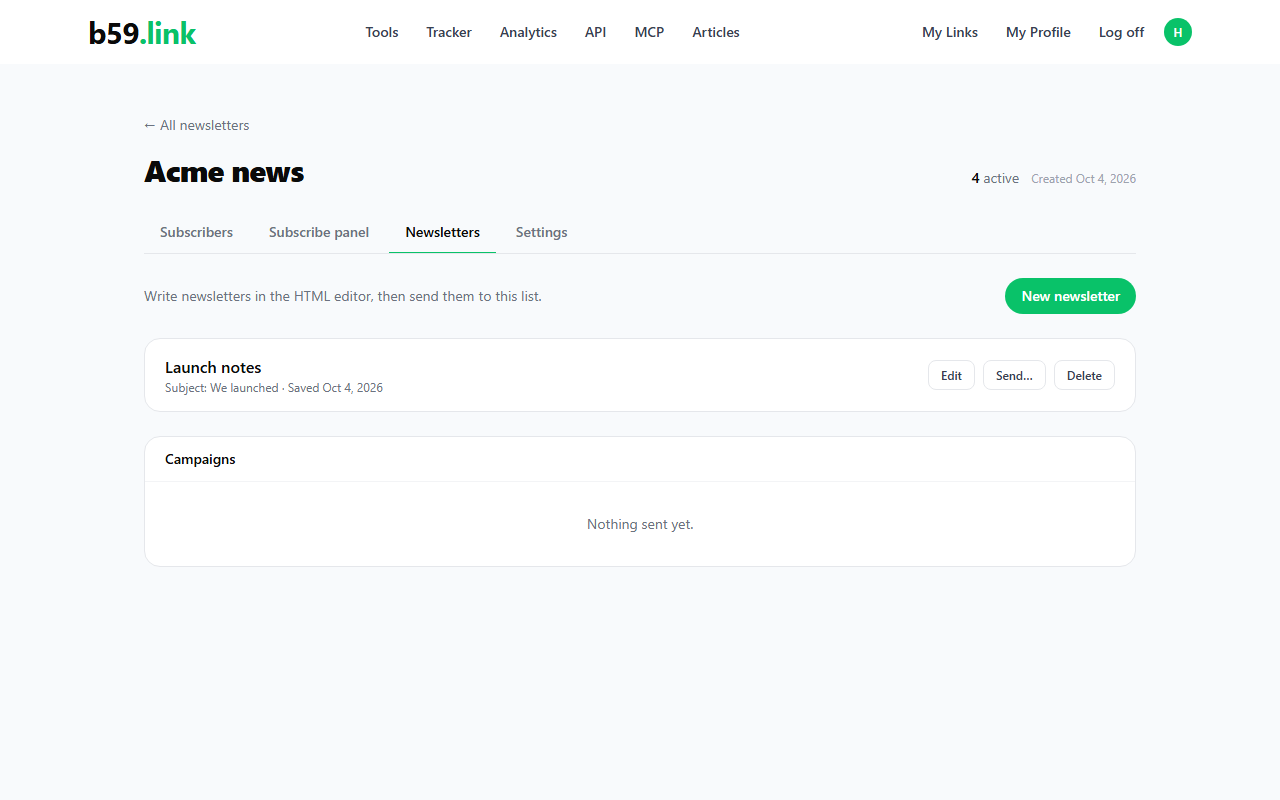 Newsletters tab with a saved issue and the Campaigns table
