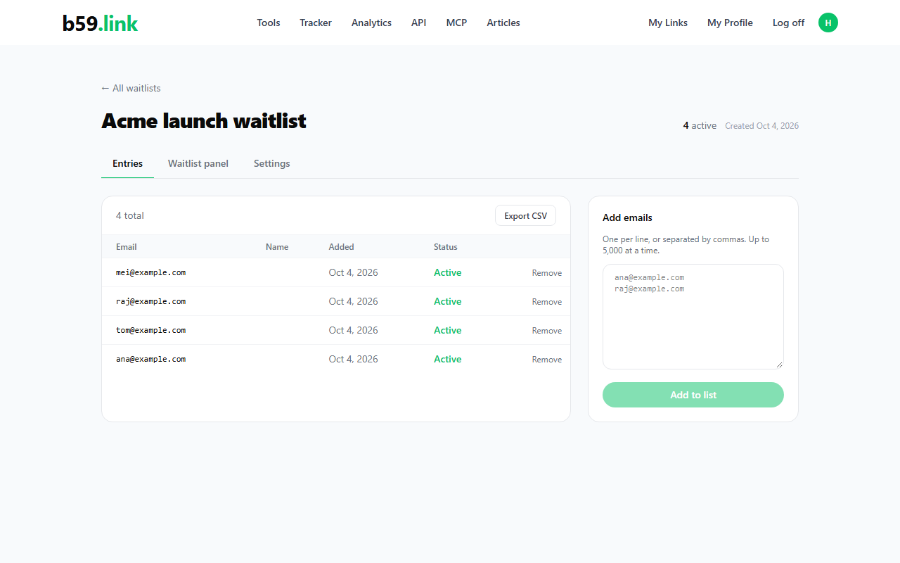 Entries tab of a b59.link waitlist with a table of email addresses and an Export CSV button