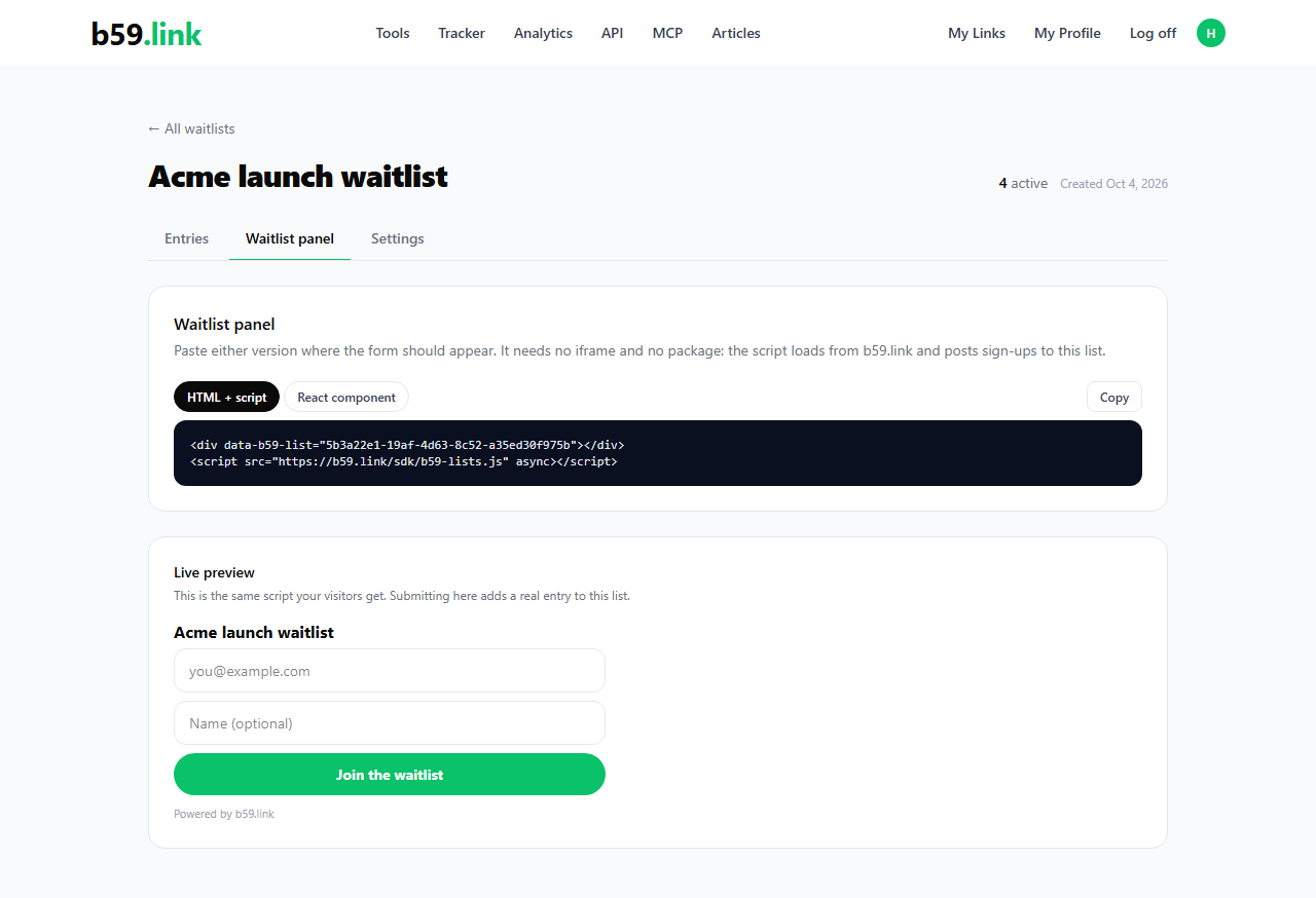 Waitlist panel tab on b59.link with the copyable HTML snippet, the React tab and a live preview of the sign-up form