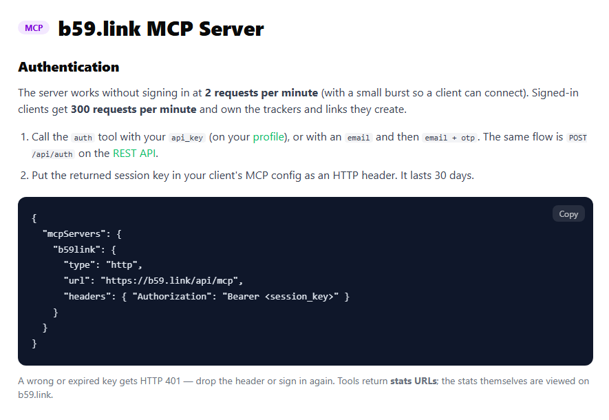 The authentication section of the b59.link MCP page: 2 requests per minute without signing in, 300 when signed in, and a config example with an Authorization header carrying the session key