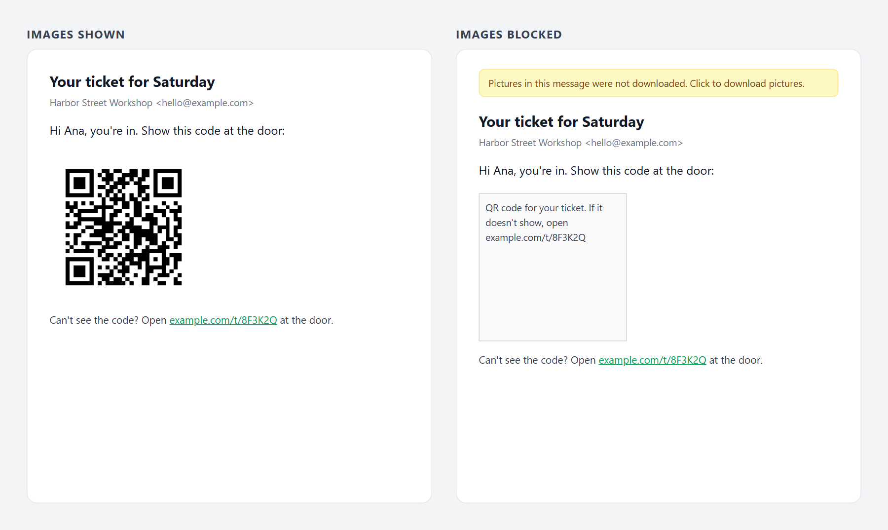 The same ticket email twice: on the left the QR code is shown, on the right images are blocked and the alt text and a plain link take its place