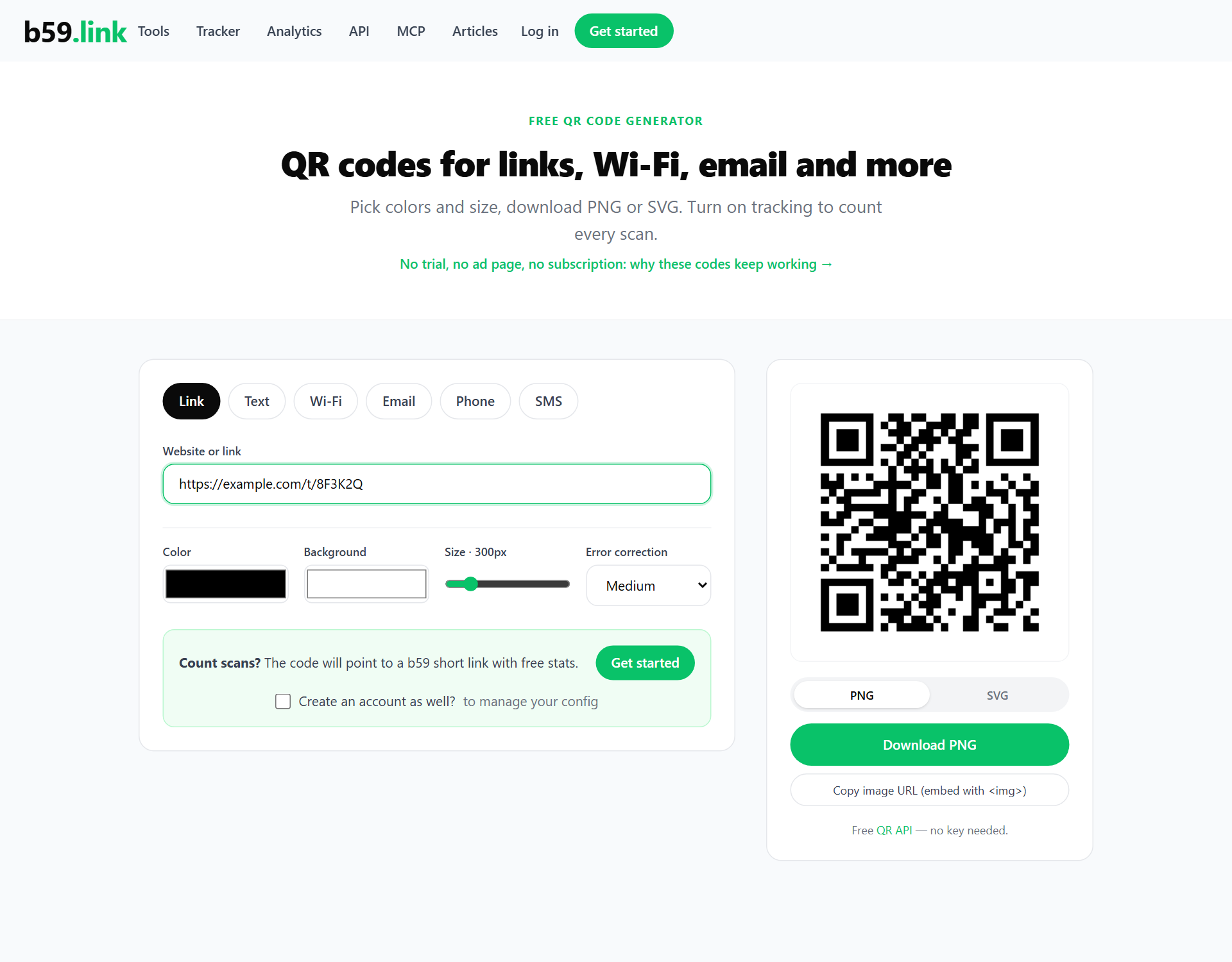 The b59.link QR code generator with a link typed in, a preview of the code, PNG and SVG buttons and a Copy image URL button