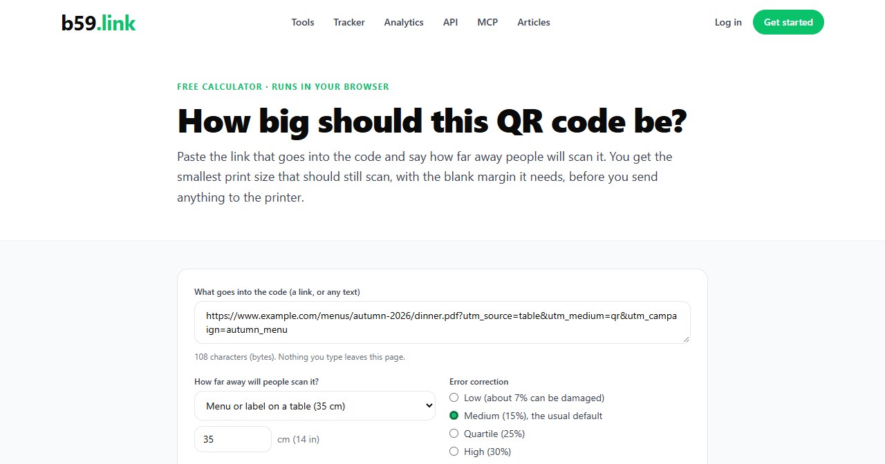 b59.link QR print size calculator: paste the link, pick the scan distance and error correction, get the smallest print size