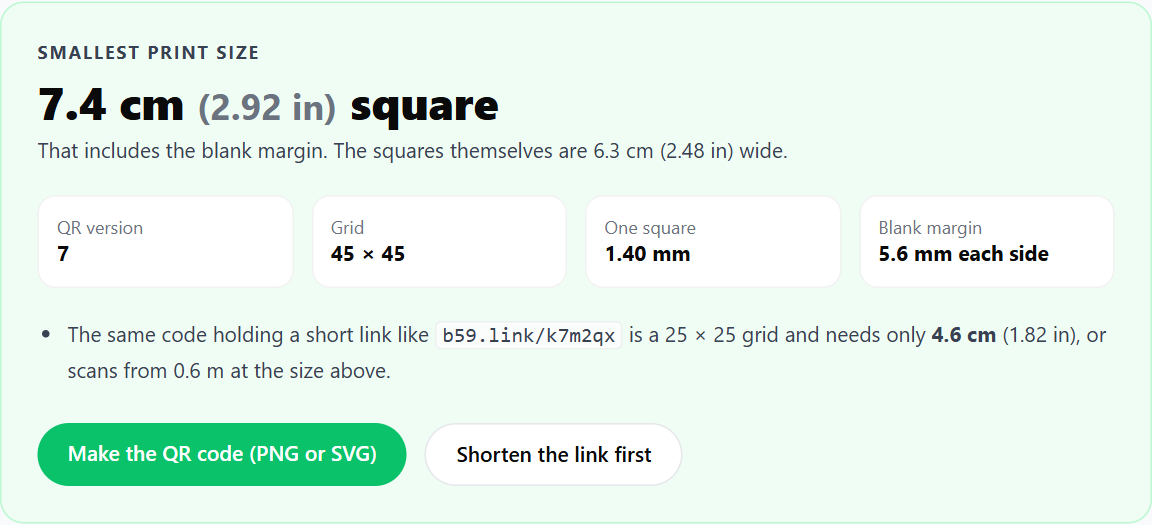 Calculator result for a 108-character menu link scanned from 35 cm: 7.4 cm square including the margin, version 7, 45 by 45 grid, 1.4 mm squares, and the same code with a short link needing 4.6 cm