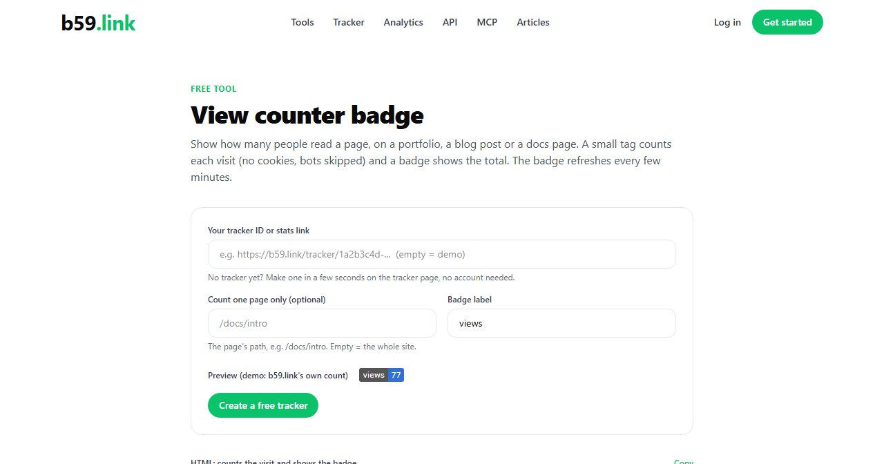b59.link view counter badge tool: tracker ID, optional page path, label and a live badge preview