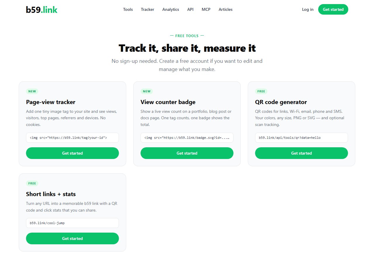 b59.link free tools page with the view counter badge next to the page-view tracker and the QR code generator