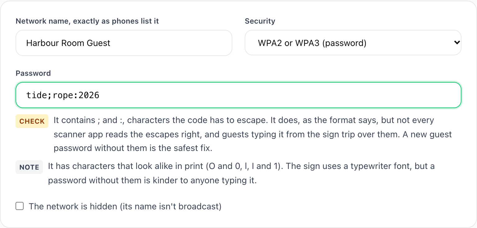 The b59.link guest Wi-Fi sign tool with the password tide;rope:2026: a Check note says it contains ; and :, characters the code has to escape, and suggests a new guest password without them; a second note warns about characters that look alike in print