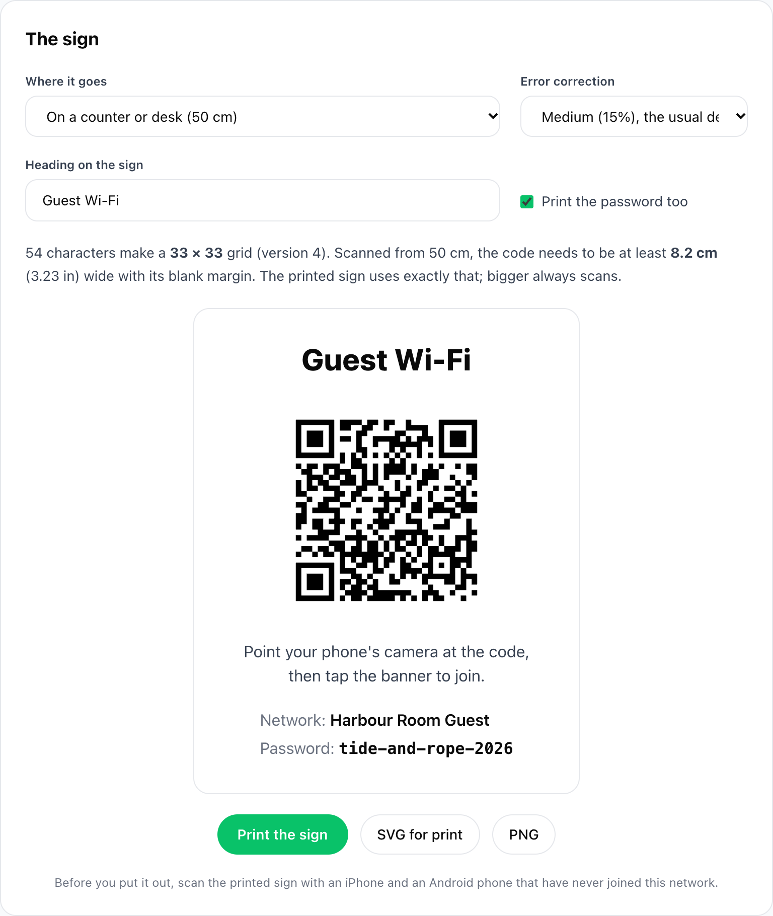 The b59.link guest Wi-Fi sign tool: a sign for a counter scanned from 50 cm, with the heading Guest Wi-Fi, a 33 by 33 QR code, the instruction to point the camera and tap the banner, and the network name and password printed below