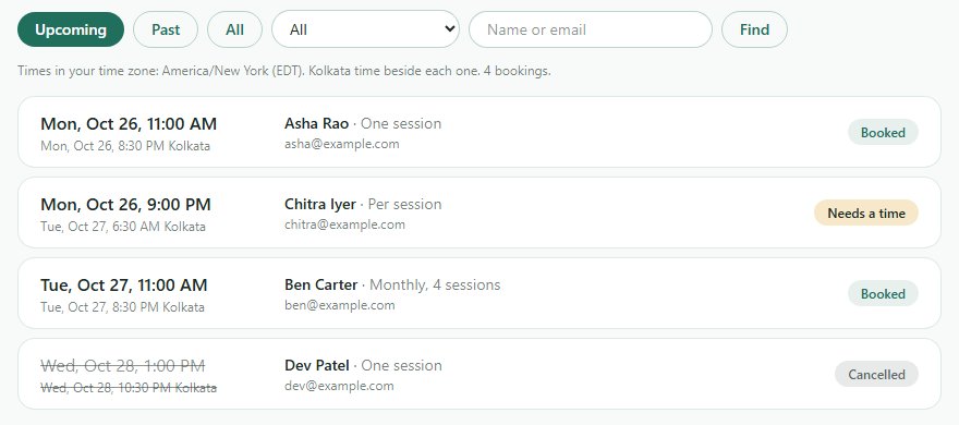 b59 book admin list with upcoming bookings, each with the time in two zones, the customer's name and plan, and a Booked, Needs a time or Cancelled badge