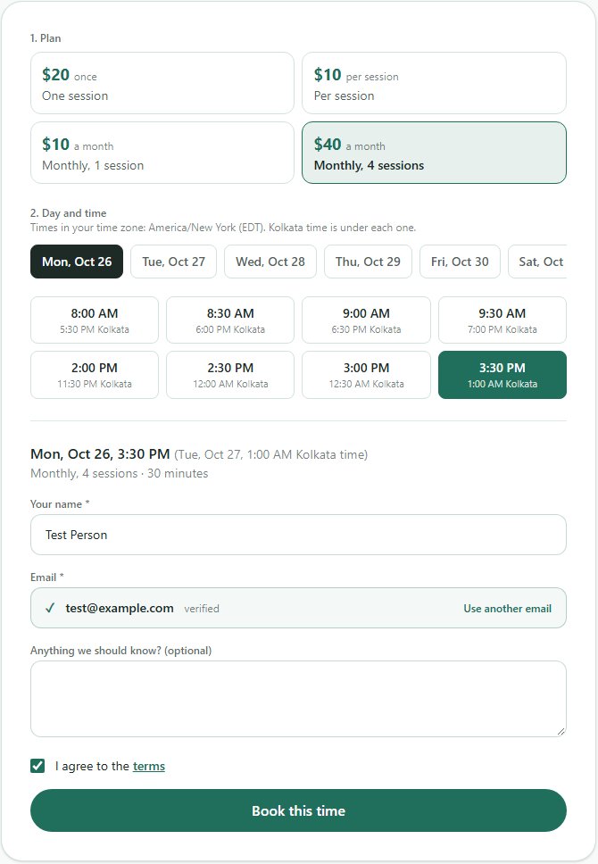 b59 book panel with four plans, a row of days, times shown in New York time with Kolkata time under each, a verified email and a Book this time button