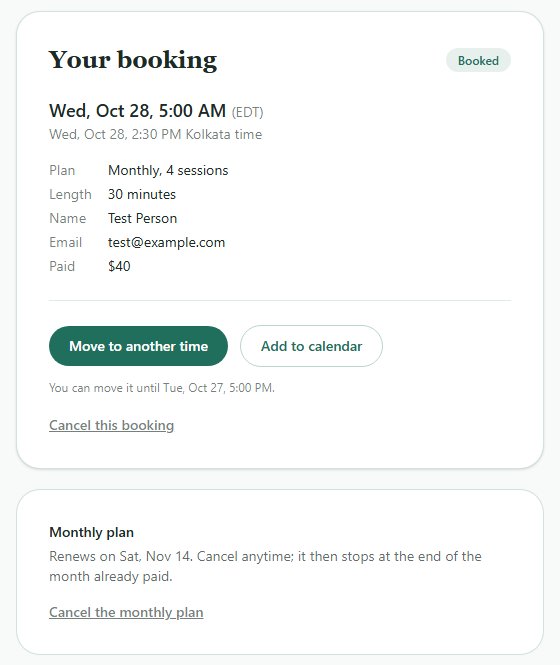 A customer's booking page showing the time in their zone and the host's, the plan, a Move to another time button and the monthly plan's renewal date